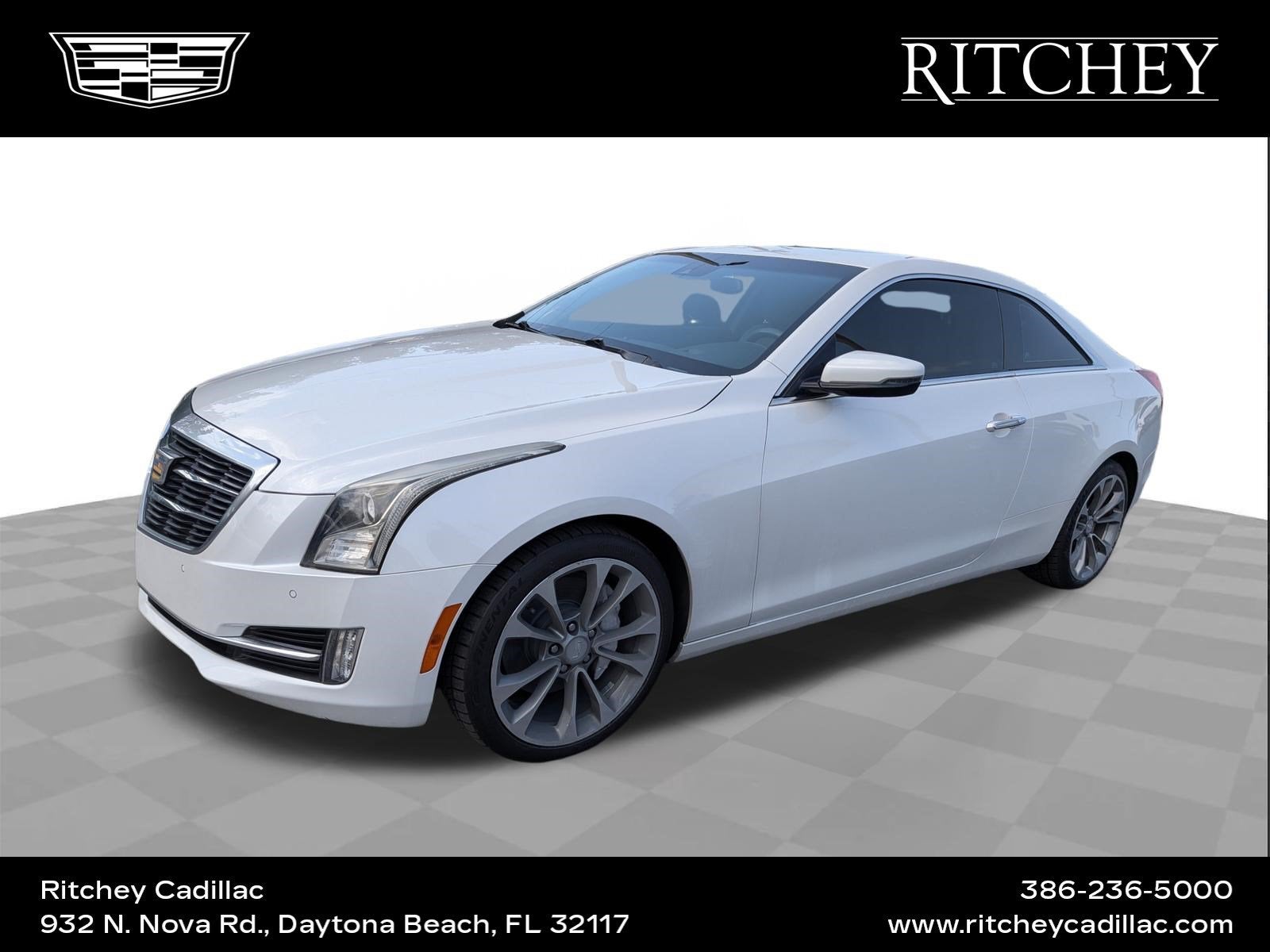 2015 Cadillac ATS Performance RWD in Crystal White Tricoat — front three-quarter view