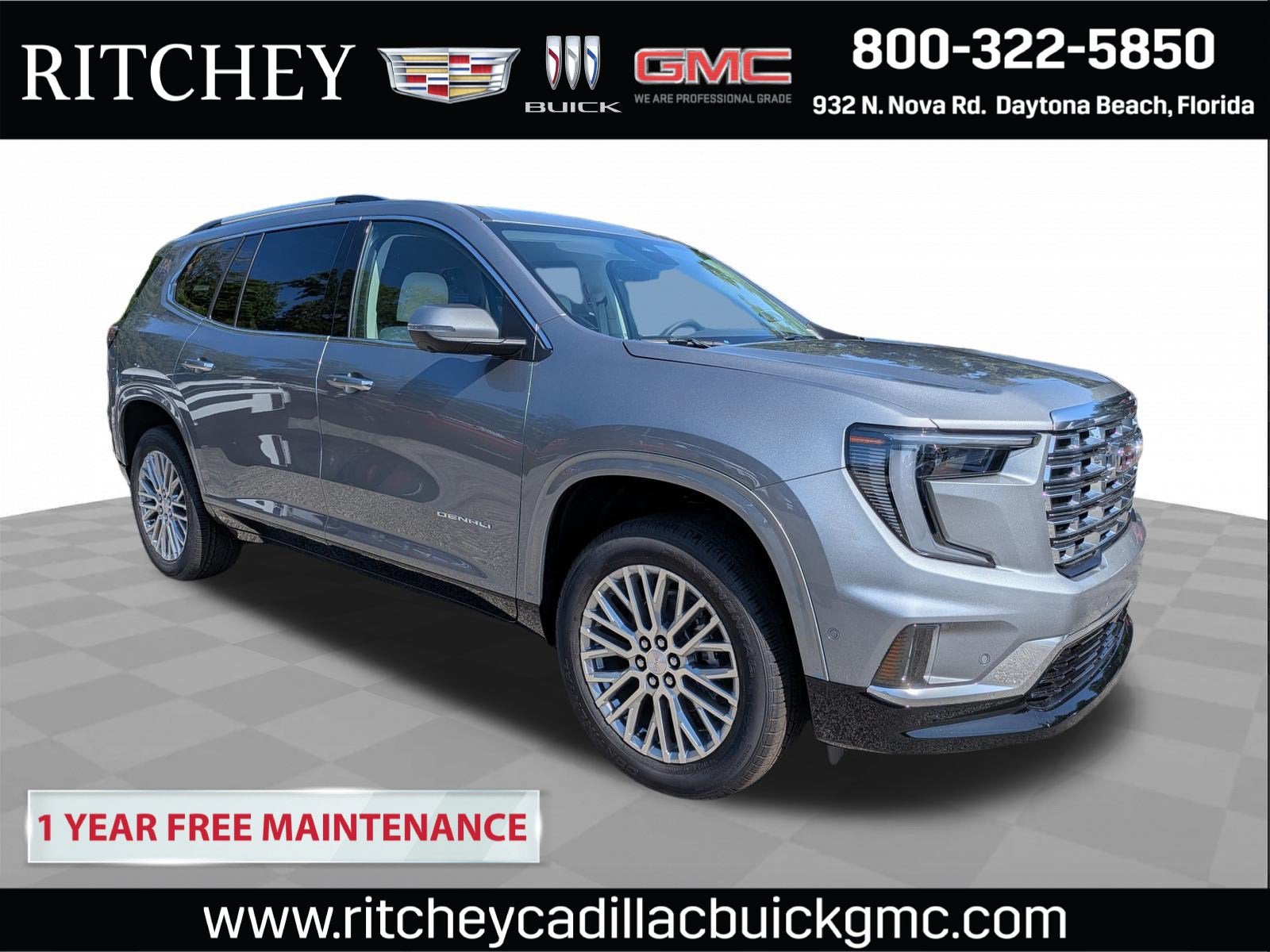 2026 GMC Acadia Denali in Sterling Metallic — front three-quarter view