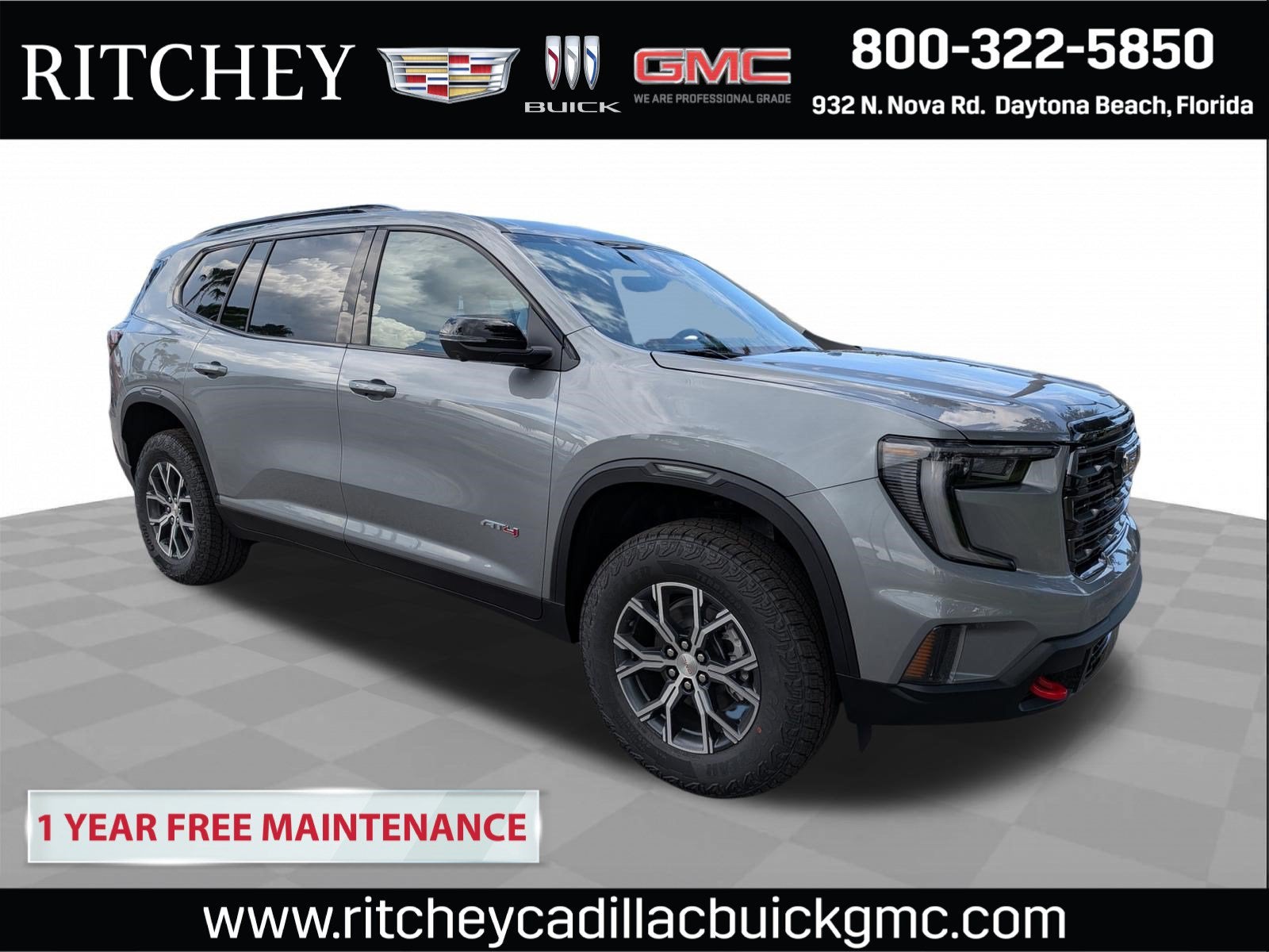 2026 GMC Acadia AT4 in Sterling Metallic — front three-quarter view