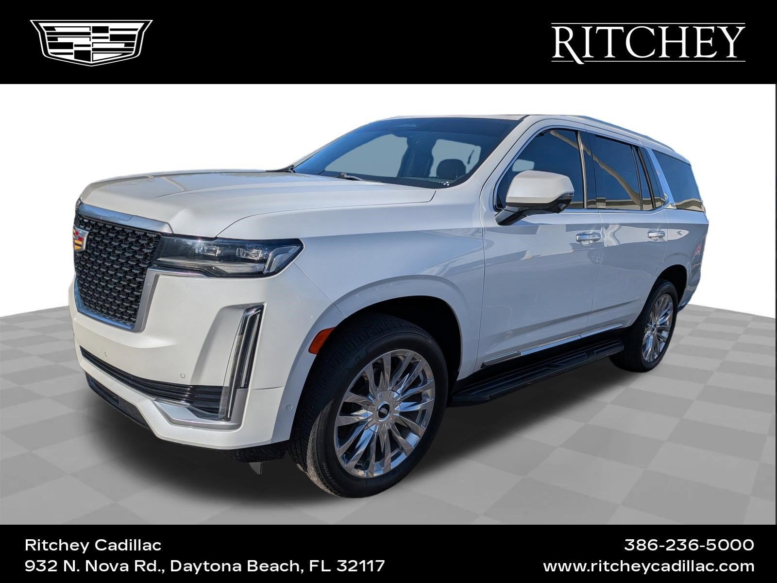 2021 Cadillac Escalade Premium Luxury in Crystal White Tricoat — front three-quarter view